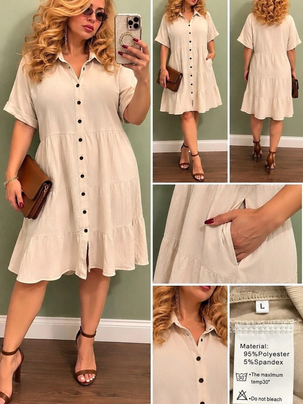 Auselily Tiered Button Front Dress in Cream Size Large NWT